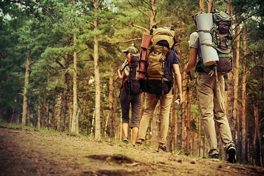 image of backpackers trekking on a trail.